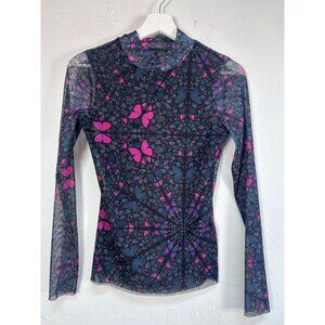 Ted Baker Women Kamill High Neck Long Sleeve Fitted Mesh Top Blouse Black Size 1